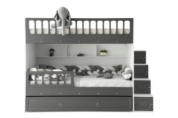 Zümrüt Ranza / Ücretsiz Kurulum / %100 MDF / 2 Adet Bambo Yaylı Yatak / 2 Adet Nevresim Takımı Hediye / Beyaz-Antrasit