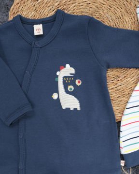 Zürafa Desenli Bebek Tulum / Şapka Hediye / %100 Pamuklu Kumaş Yenidoğan Tulum Lacivert - 0-3 Ay