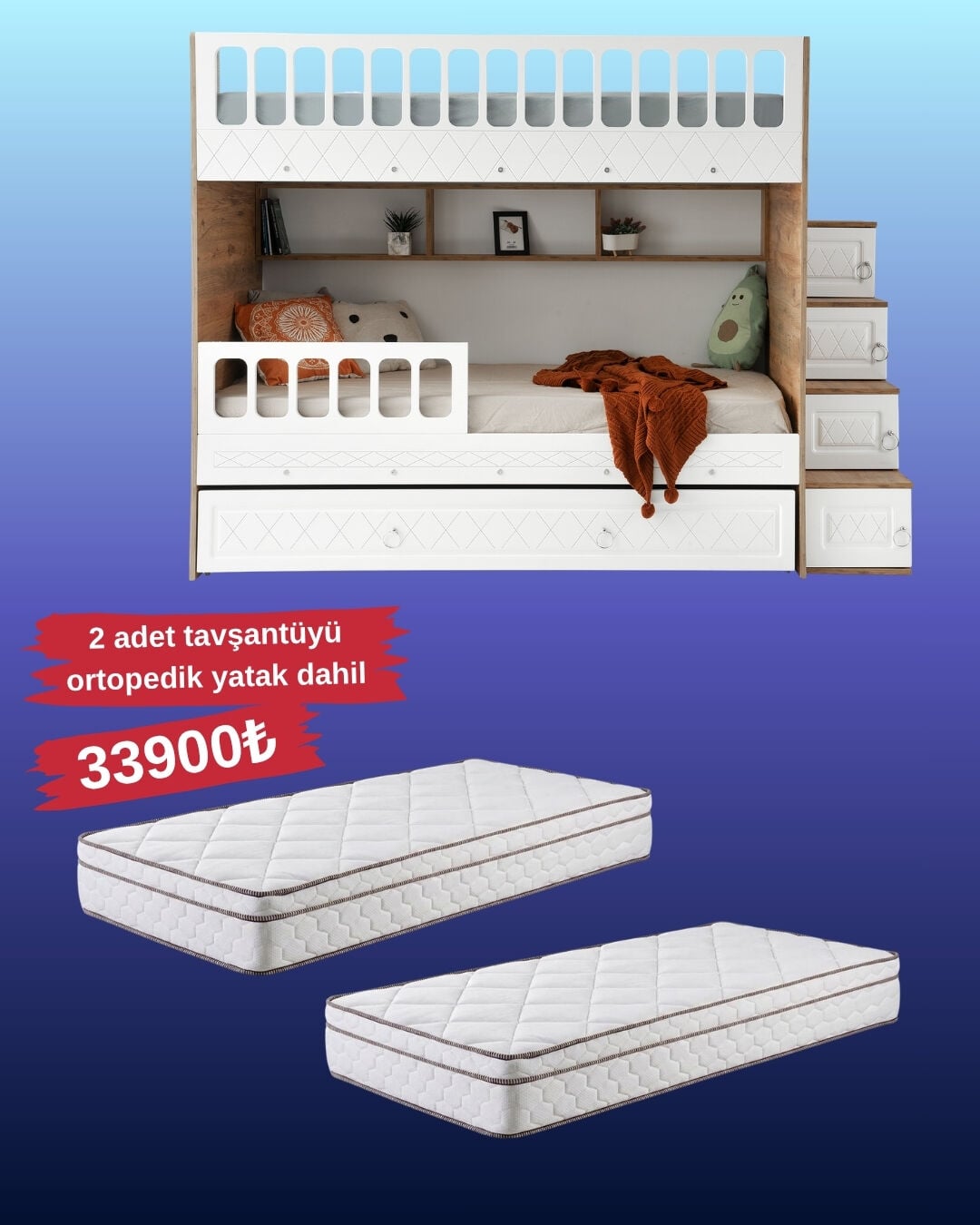 Zümrüt Ranza / Ücretsiz Kurulum / %100 MDF / 2 Adet Bambo Yaylı Yatak / 2 Adet Nevresim Takımı Hediye / Çam-Beyaz
