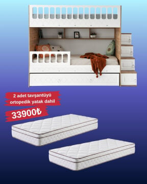 Zümrüt Ranza / Ücretsiz Kurulum / %100 MDF / 2 Adet Bambo Yaylı Yatak / 2 Adet Nevresim Takımı Hediye / Çam-Beyaz