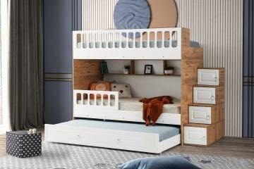 Zümrüt Ranza / Ücretsiz Kurulum / %100 MDF / 2 Adet Bambo Yaylı Yatak / 2 Adet Nevresim Takımı Hediye / Çam-Beyaz