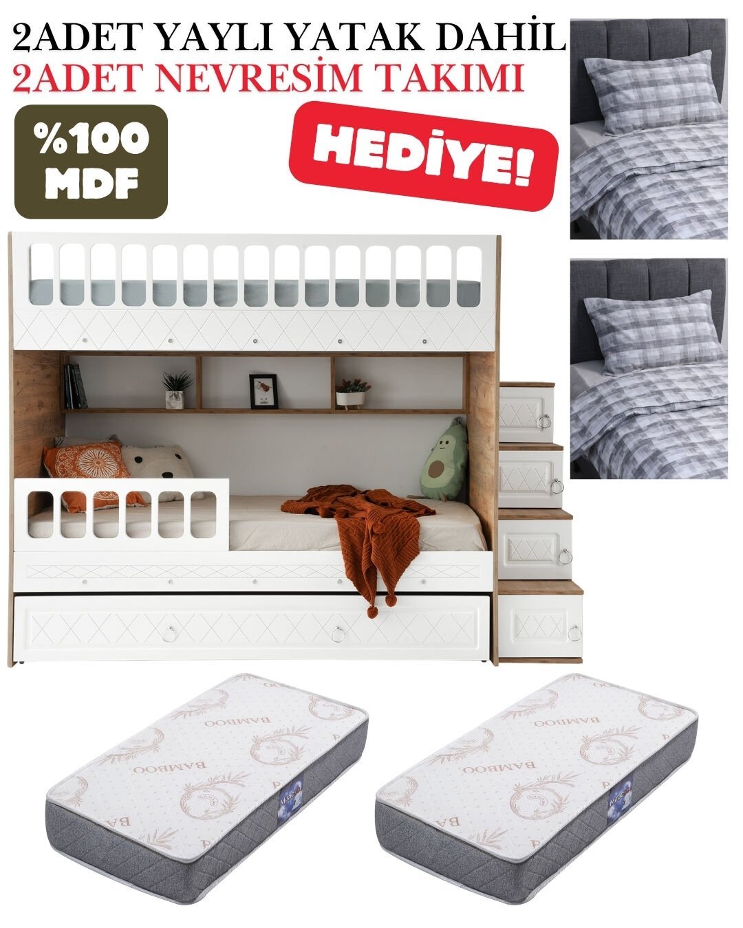Zümrüt Ranza / Ücretsiz Kurulum / %100 MDF / 2 Adet Bambo Yaylı Yatak / 2 Adet Nevresim Takımı Hediye / Çam-Beyaz