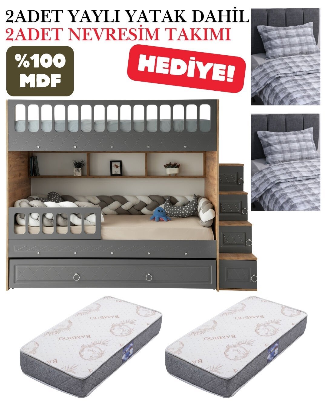 Zümrüt Ranza / Ücretsiz Kurulum / %100 MDF / 2 Adet Bambo Yaylı Yatak / 2 Adet Nevresim Takımı Hediye / Çam-Antrasit
