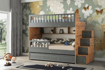 Zümrüt Ranza / Ücretsiz Kurulum / %100 MDF / 2 Adet Bambo Yaylı Yatak / 2 Adet Nevresim Takımı Hediye / Çam-Antrasit