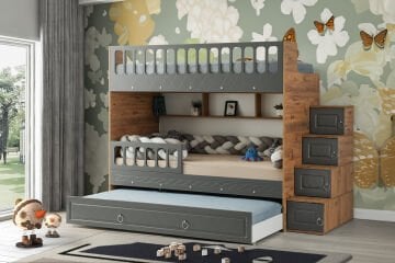 Zümrüt Ranza / Ücretsiz Kurulum / %100 MDF / 2 Adet Bambo Yaylı Yatak / 2 Adet Nevresim Takımı Hediye / Çam-Antrasit