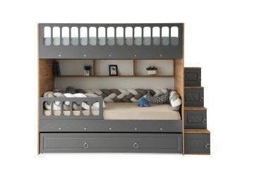 Zümrüt Ranza / Ücretsiz Kurulum / %100 MDF / 2 Adet Bambo Yaylı Yatak / 2 Adet Nevresim Takımı Hediye / Çam-Antrasit