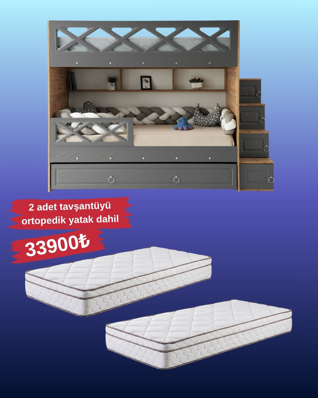 Zümrüt Ranza / Ücretsiz Kurulum / %100 MDF / 2 Adet Bambo Yaylı Yatak / 2 Adet Nevresim Takımı Hediye / Çam-Antrasit