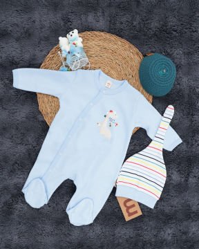 Zürafa Desenli Bebek Tulum / Şapka Hediye / %100 Pamuklu Kumaş Yenidoğan Tulum mavi - 3-6 Ay