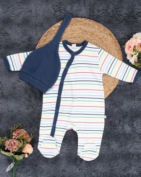 Yenidoğan Bebek Tulum / Şapka Hediyeli / %100 Pamuklu Kumaş Lacivert - 0-3 Ay