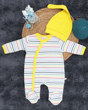 Yenidoğan Bebek Tulum / Şapka Hediyeli / %100 Pamuklu Kumaş Sarı - 0-3 Ay