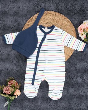 Yenidoğan Bebek Tulum / Şapka Hediyeli / %100 Pamuklu Kumaş Lacivert - 3-6 Ay