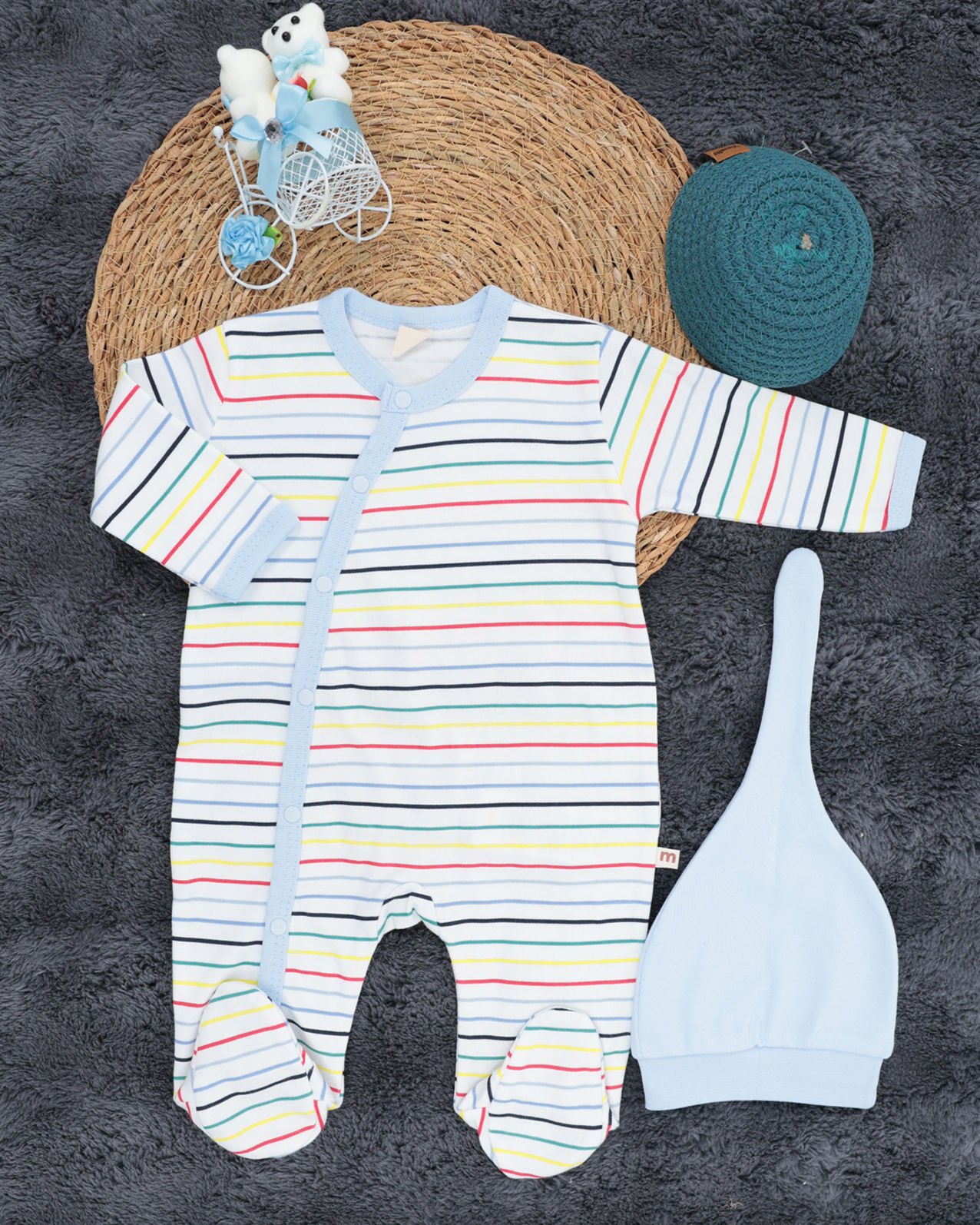 Yenidoğan Bebek Tulum / Şapka Hediyeli / %100 Pamuklu Kumaş mavi - 3-6 Ay