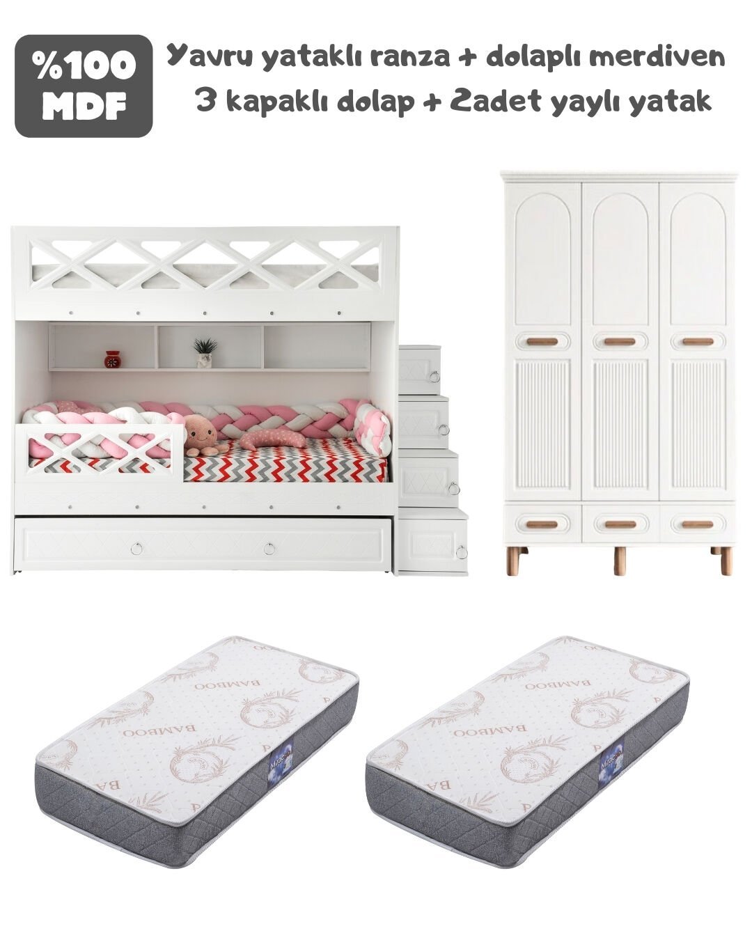 Mars Otto Oda Takımı / Ranza+Merdiven+3Kapılı Dolap+2Adet Yaylı Yatak / Beyaz