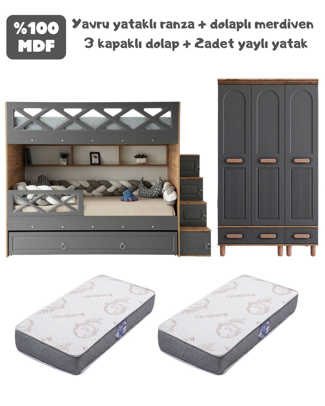 Mars Otto Oda Takımı / Ranza+Merdiven+3Kapılı Dolap+2Adet Yaylı Yatak / Çam-Antrasit