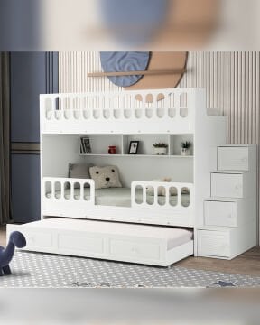 Panjur Oda Takımı / Ranza+Merdiven+3Kapılı Dolap+2Adet Yaylı Yatak / Beyaz