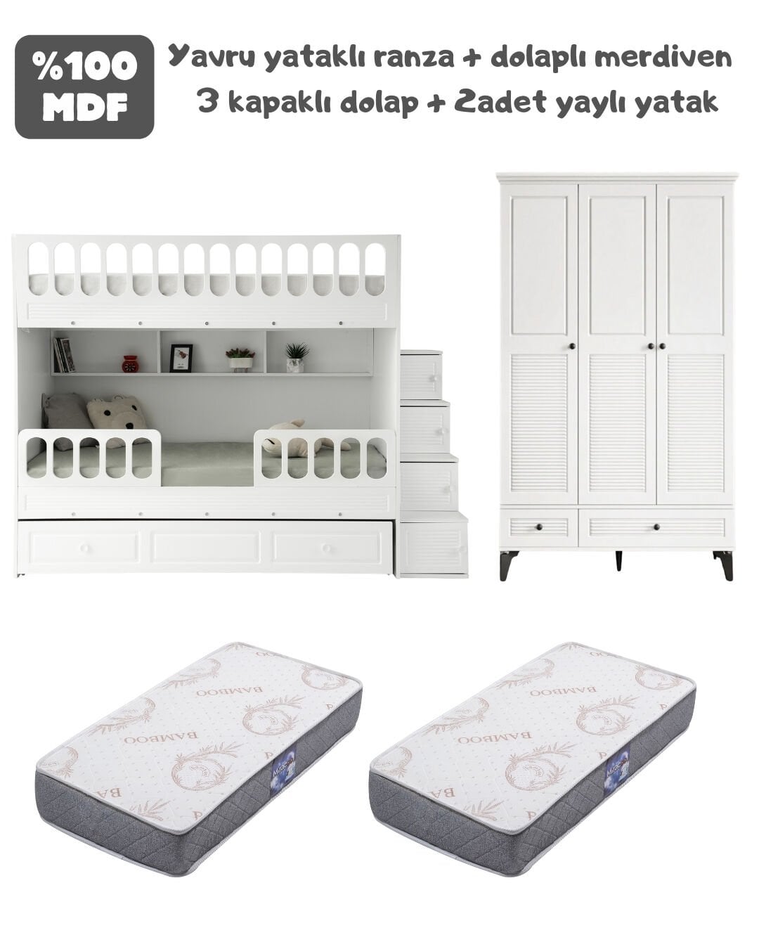 Panjur Oda Takımı / Ranza+Merdiven+3Kapılı Dolap+2Adet Yaylı Yatak / Beyaz