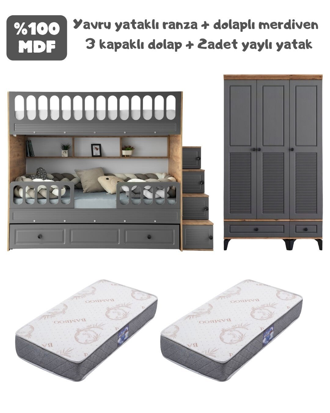 Panjur Oda Takımı / Ranza+Merdiven+3Kapılı Dolap+2Adet Yaylı Yatak / Çam-Antrasit