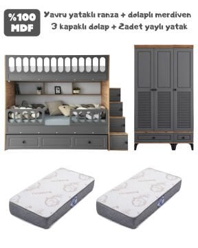 Panjur Oda Takımı / Ranza+Merdiven+3Kapılı Dolap+2Adet Yaylı Yatak / Çam-Antrasit