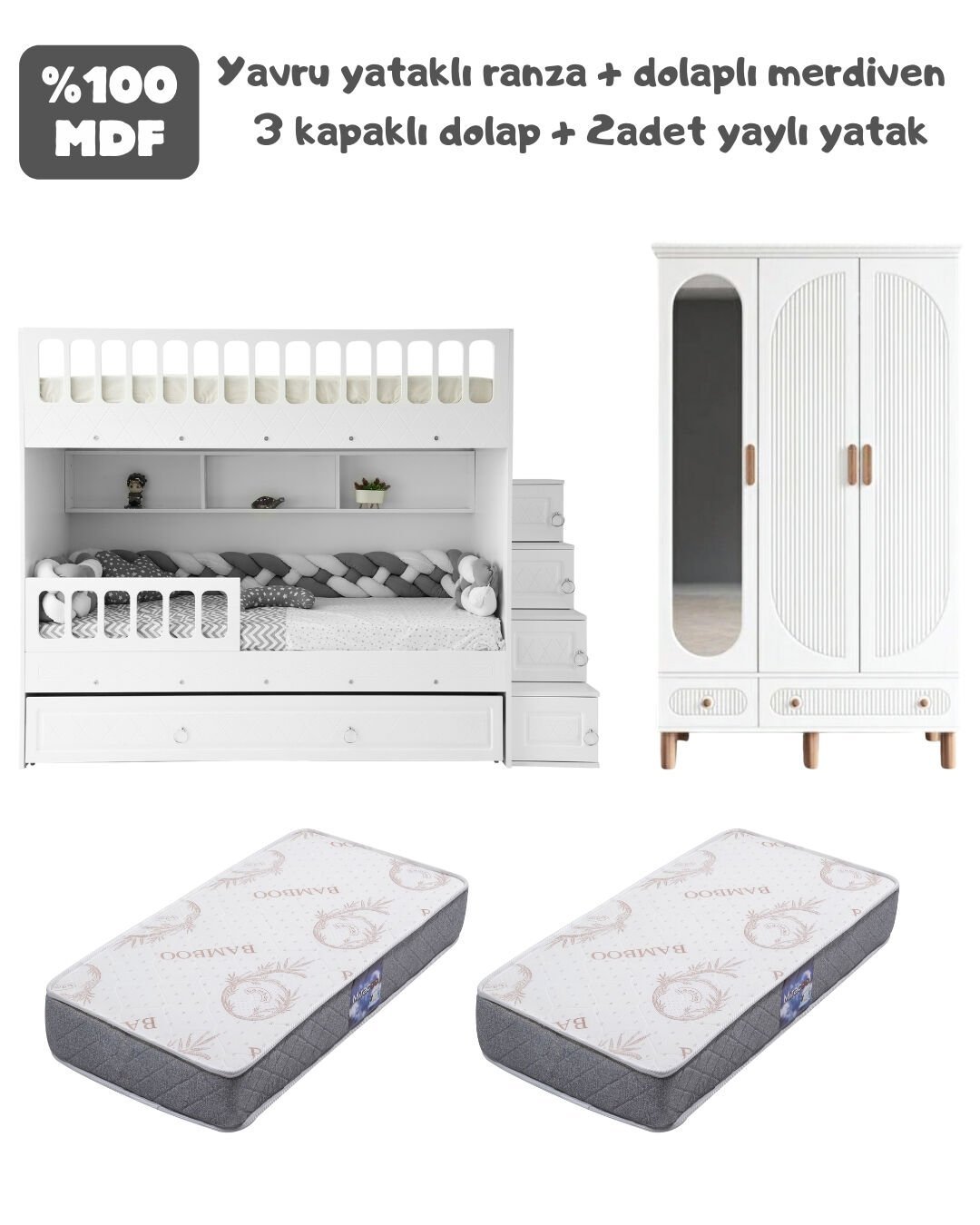 Zümrüt Milen Oda Takımı / Ranza+Merdiven+3Kapılı Dolap+2Adet Yaylı Yatak / Beyaz