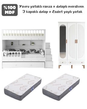 Zümrüt Milen Oda Takımı / Ranza+Merdiven+3Kapılı Dolap+2Adet Yaylı Yatak / Beyaz