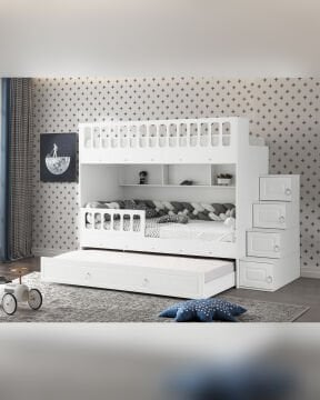 Zümrüt Milen Oda Takımı / Ranza+Merdiven+3Kapılı Dolap+2Adet Yaylı Yatak / Beyaz