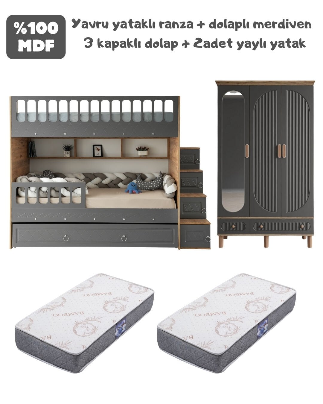 Zümrüt Milen Oda Takımı / Ranza+Merdiven+3Kapılı Dolap+2Adet Yaylı Yatak / Çam-Antrasit