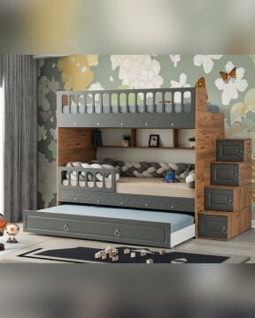 Zümrüt Milen Oda Takımı / Ranza+Merdiven+3Kapılı Dolap+2Adet Yaylı Yatak / Çam-Antrasit