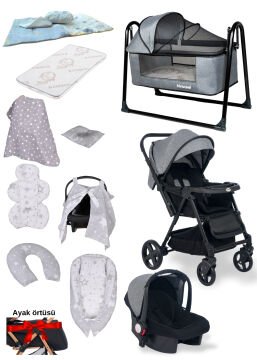 15'li Unisex Bebek Seti / Joell Trendy Bebek Arabası & Puset & Loft Beşik & Yatak & 7'li Tekstil Seti & 3'lü nevresim