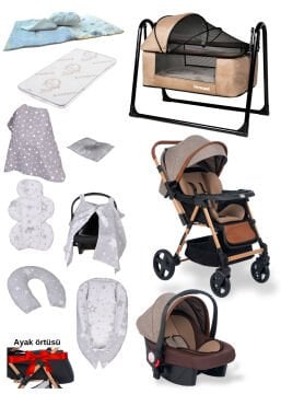 15'li Unisex Bebek Seti / Joell Trendy Bebek Arabası & Puset & Loft Beşik & Yatak & 7'li Tekstil Seti & 3'lü nevresim