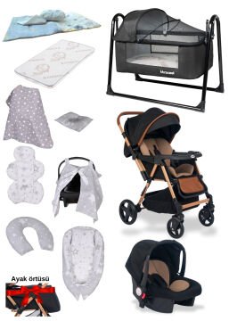 15'li Unisex Bebek Seti / Joell Trendy Bebek Arabası & Puset & Loft Beşik & Yatak & 7'li Tekstil Seti & 3'lü nevresim