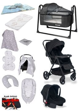 15'li Unisex Bebek Seti / Joell Trendy Bebek Arabası & Puset & Loft Beşik & Yatak & 7'li Tekstil Seti & 3'lü nevresim
