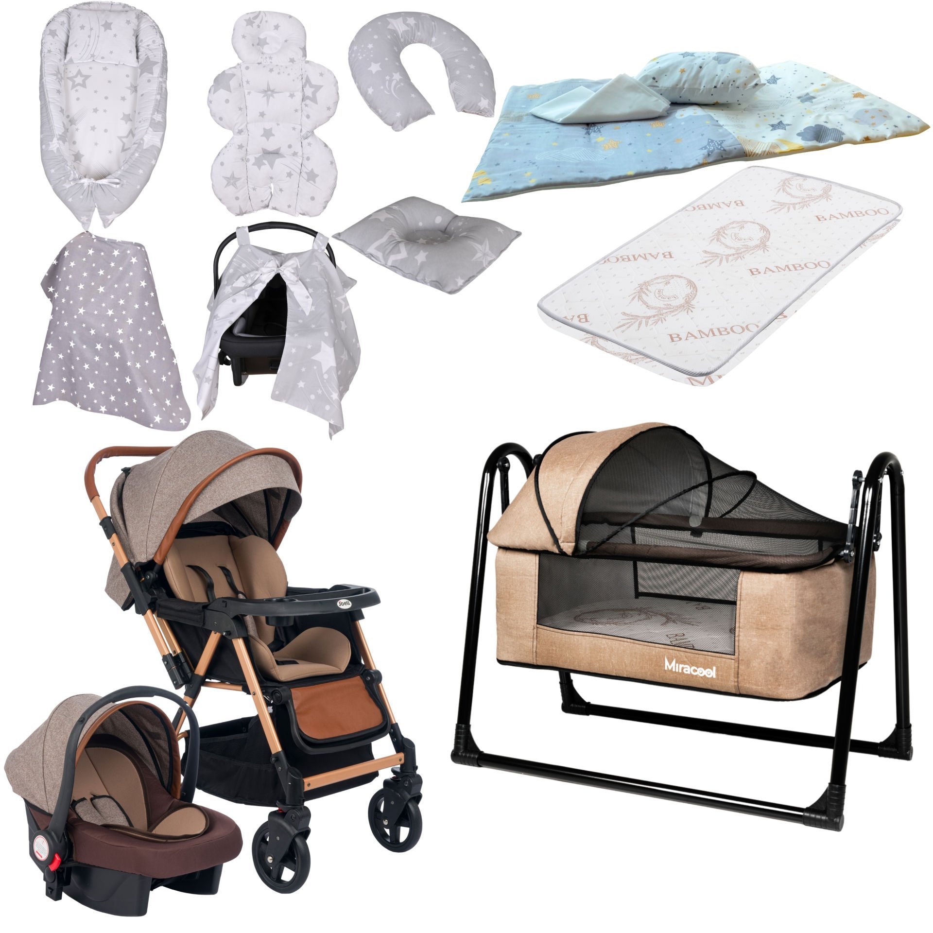 15'li Unisex Bebek Seti / Joell Trendy Bebek Arabası & Puset & Loft Beşik & Yatak & 7'li Tekstil Seti & 3'lü nevresim