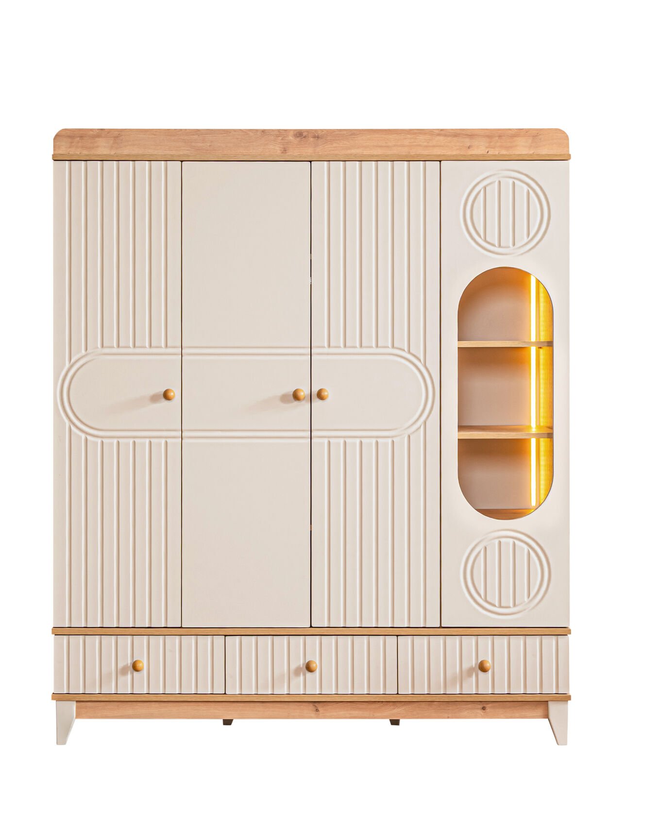 Klas 4 Kapılı Dolap / Meşe-Krem / 4 Kapaklı Gardrop / Led Işıklı