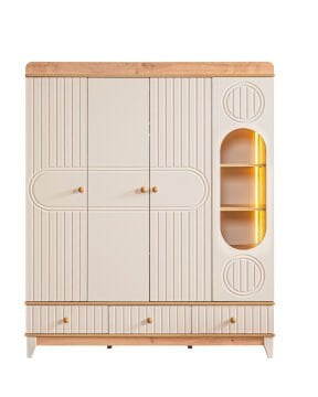 Klas 4 Kapılı Dolap / Meşe-Krem / 4 Kapaklı Gardrop / Led Işıklı