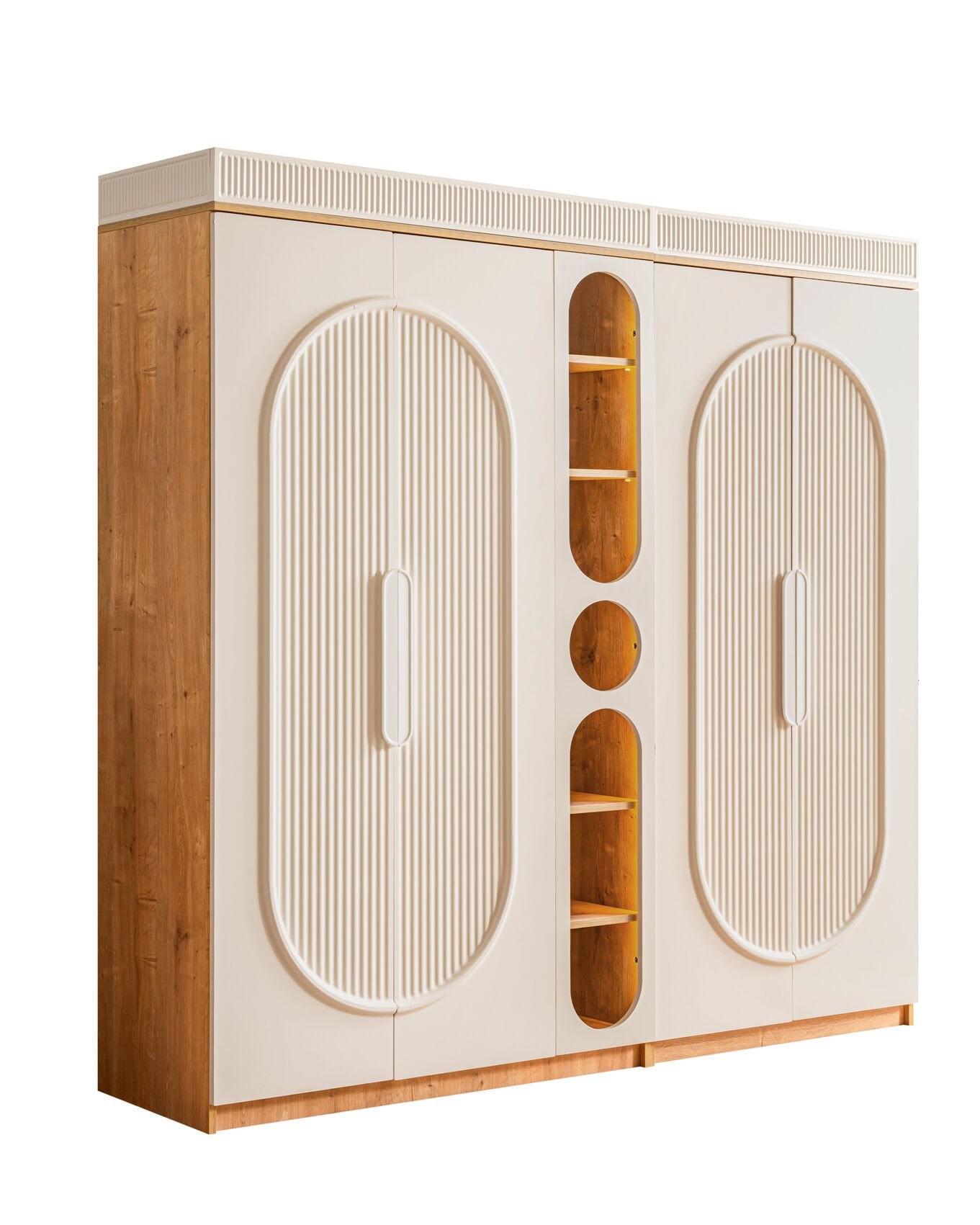 Tesla 5 Kapılı Dolap / Meşe-Krem / 5 Kapaklı Gardrop / Led Işıklı