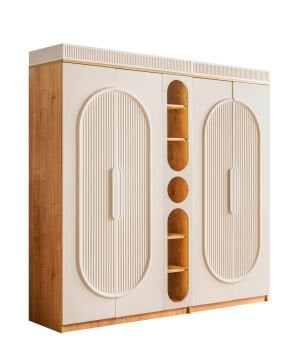 Tesla 5 Kapılı Dolap / Meşe-Krem / 5 Kapaklı Gardrop / Led Işıklı