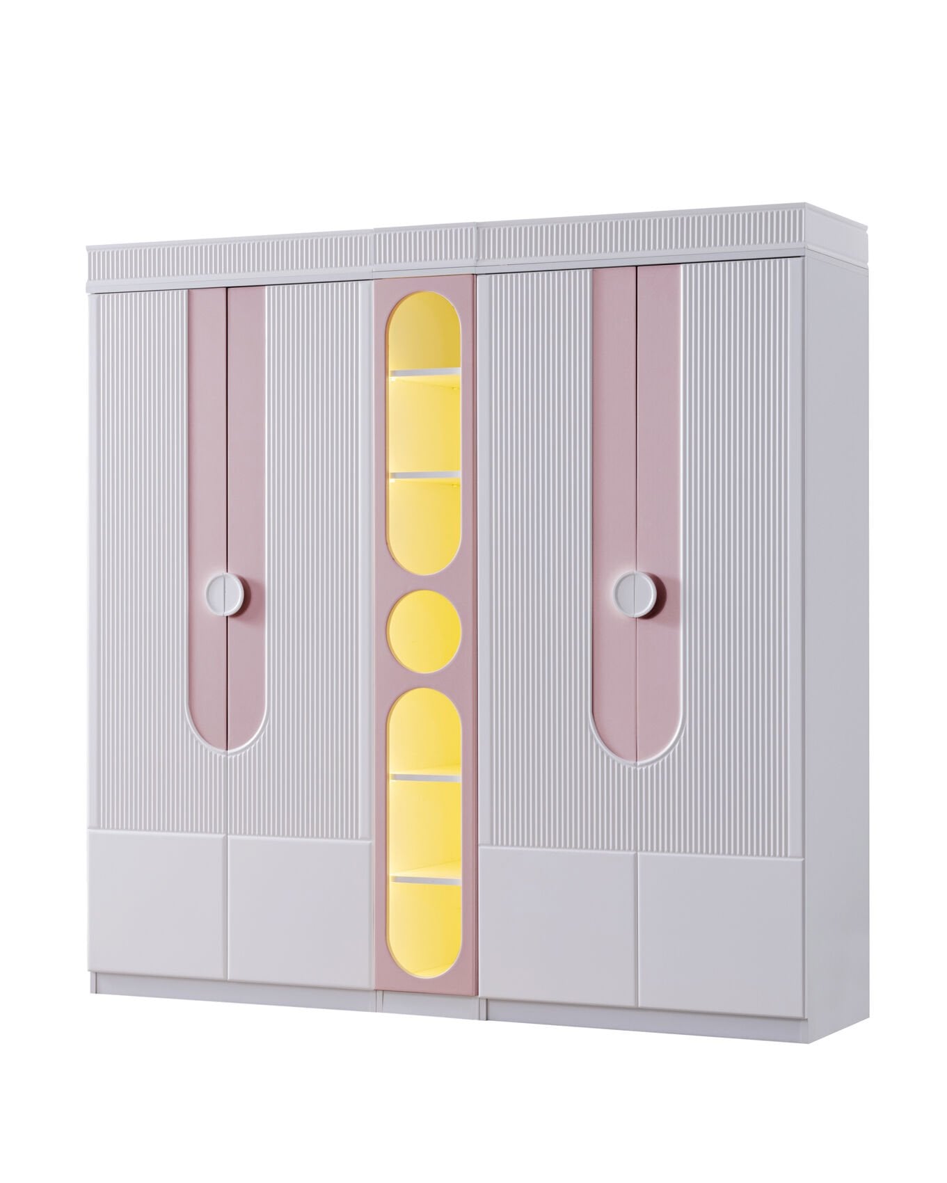 Vira 5 Kapılı Dolap / Beyaz-Pembe / 5 Kapaklı Gardrop / Led Işıklı