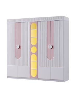 Vira 5 Kapılı Dolap / Beyaz-Pembe / 5 Kapaklı Gardrop / Led Işıklı