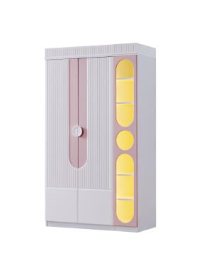 Vira 5 Kapılı Dolap / Beyaz-Pembe / 5 Kapaklı Gardrop / Led Işıklı