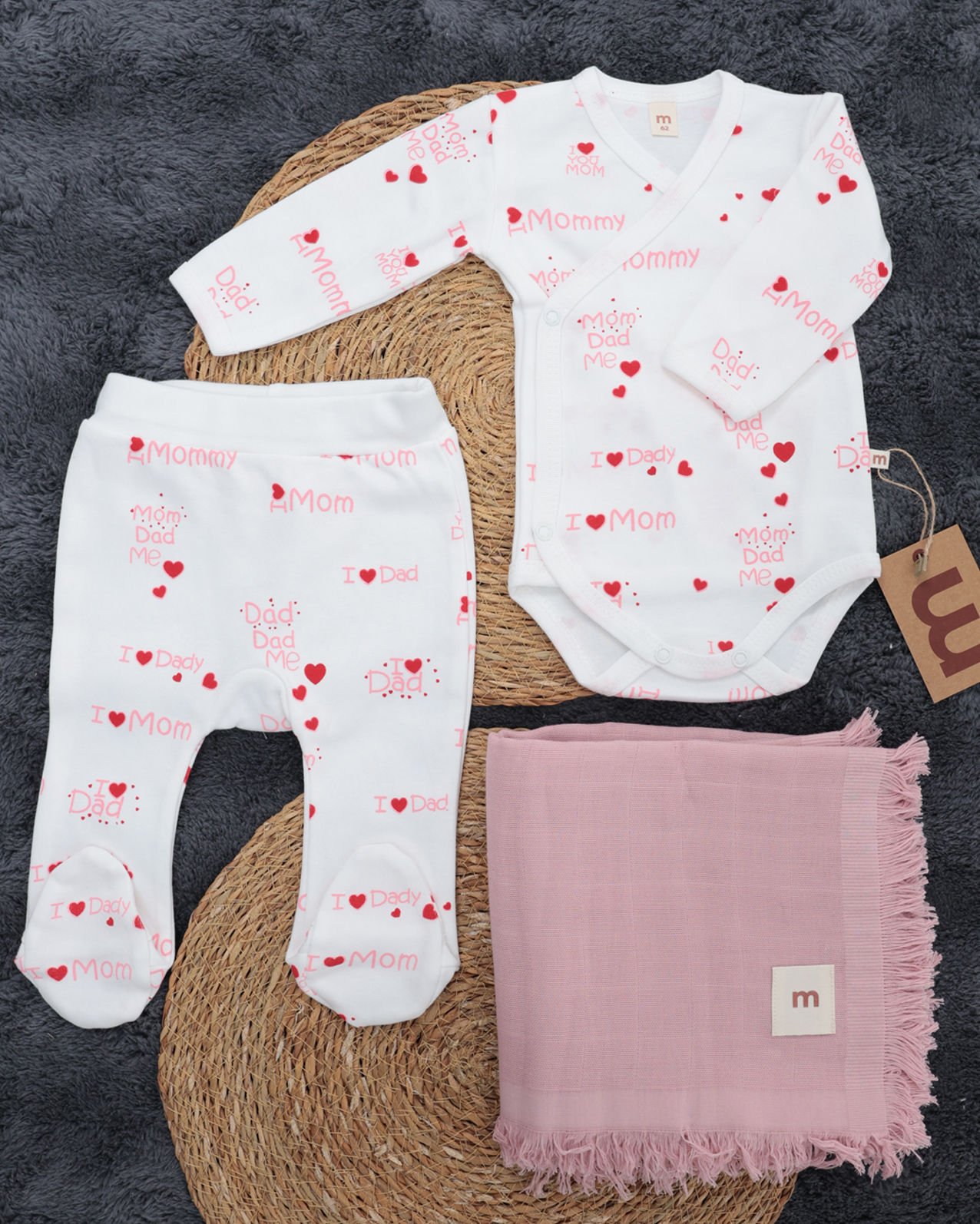 3'lü Hastane Çıkışı / Bady & Pantolon & Müslin Battaniye / %100 Pamuklu beyaz-pembe - 0-3 Ay