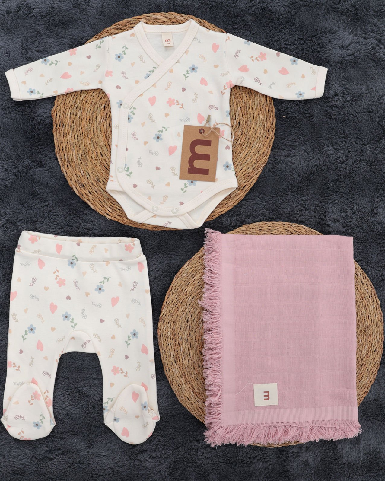 3'lü Hastane Çıkışı / Bady & Pantolon & Müslin Battaniye / %100 Pamuklu Ekru-Pembe - 0-3 Ay