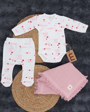 3'lü Hastane Çıkışı / Bady & Pantolon & Müslin Battaniye / %100 Pamuklu beyaz-pembe - 3-6 Ay