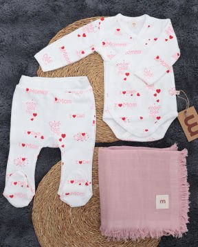 3'lü Hastane Çıkışı / Bady & Pantolon & Müslin Battaniye / %100 Pamuklu beyaz-pembe - 3-6 Ay