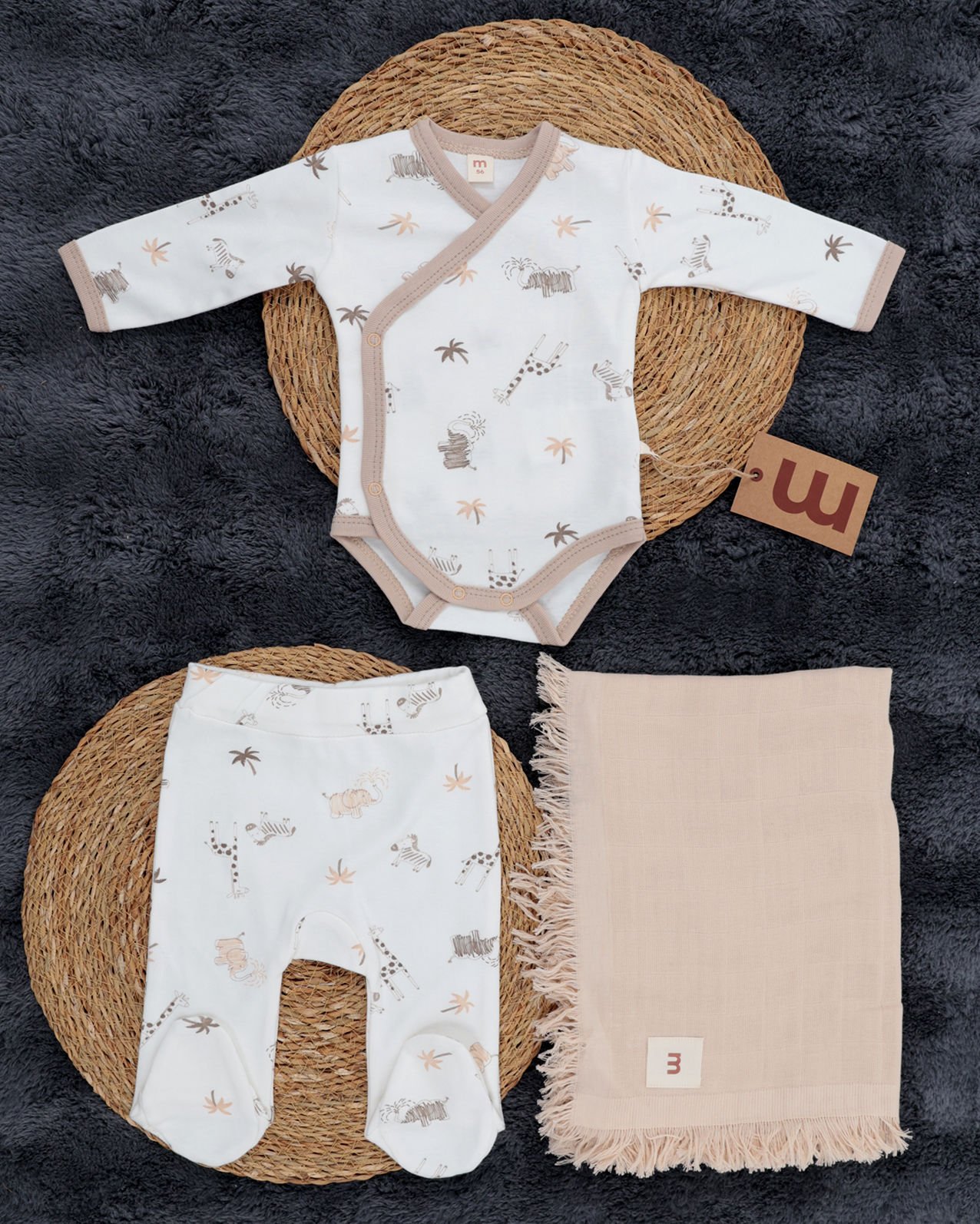 3'lü Hastane Çıkışı / Bady & Pantolon & Müslin Battaniye / %100 Pamuklu Beyaz-Bej - 3-6 Ay