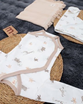 3'lü Hastane Çıkışı / Bady & Pantolon & Müslin Battaniye / %100 Pamuklu Beyaz-Bej - 3-6 Ay