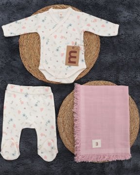 3'lü Hastane Çıkışı / Bady & Pantolon & Müslin Battaniye / %100 Pamuklu Ekru-Pembe - 3-6 Ay