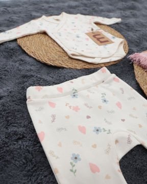 3'lü Hastane Çıkışı / Bady & Pantolon & Müslin Battaniye / %100 Pamuklu Ekru-Pembe - 3-6 Ay