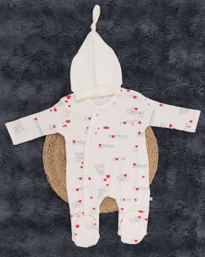I Love Dad & Mom Baskılı Bebek Tulum – %100 Pamuk + Şapka Hediyeli