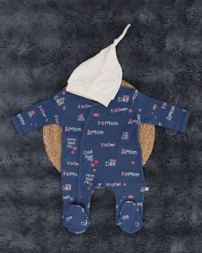 I Love Dad & Mom Baskılı Bebek Tulum – %100 Pamuk + Şapka Hediyeli