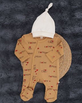I Love Dad & Mom Baskılı Bebek Tulum – %100 Pamuk + Şapka Hediyeli Kahve - 0-3 Ay